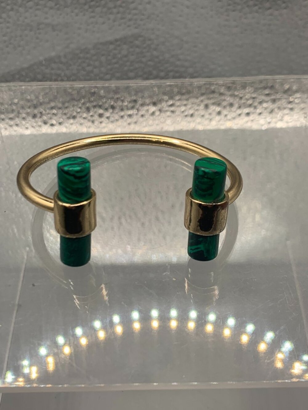 UNSIGNED Gold Plated Open Cuff Bracelet W Cylindrical Green Accents 21.50g